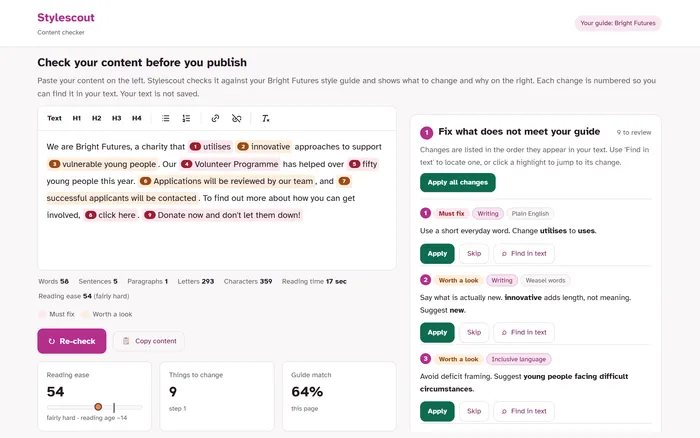 The StyleScout content checker, showing content with issues highlighted and numbered against the style guide.
