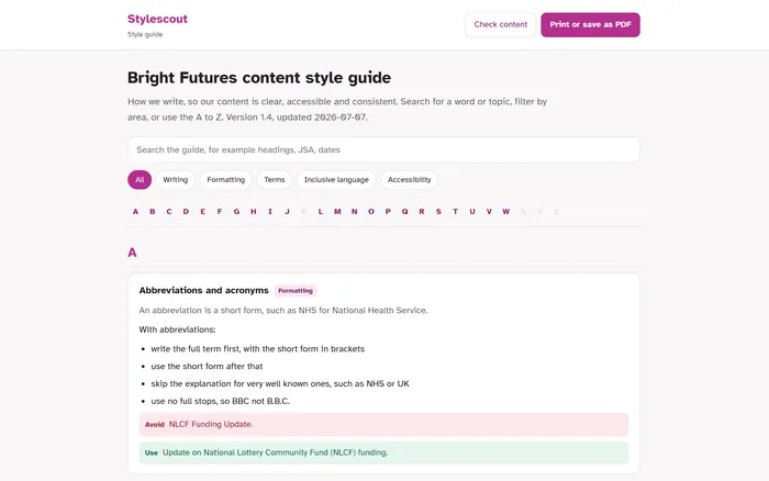 A generated StyleScout style guide, with rules organised A to Z and searchable by topic.